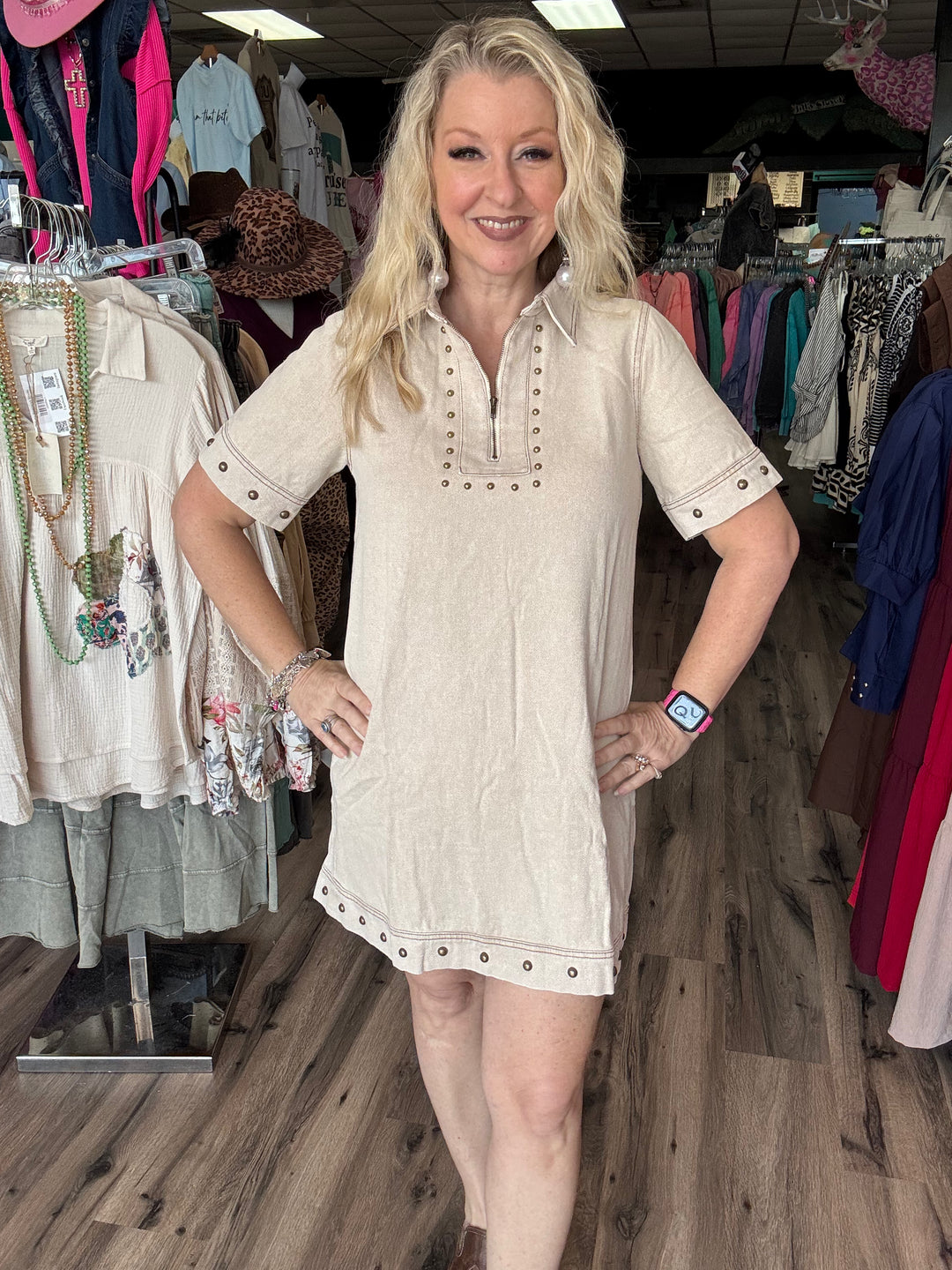 she + sky cream denim dress with bronze studs 