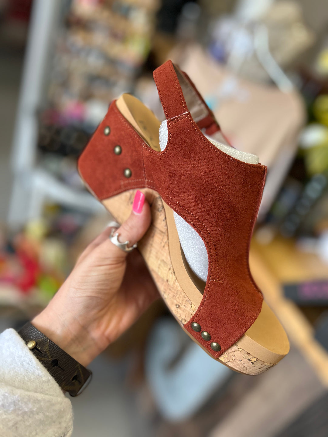 Carley Corky Rust Suede Wedges