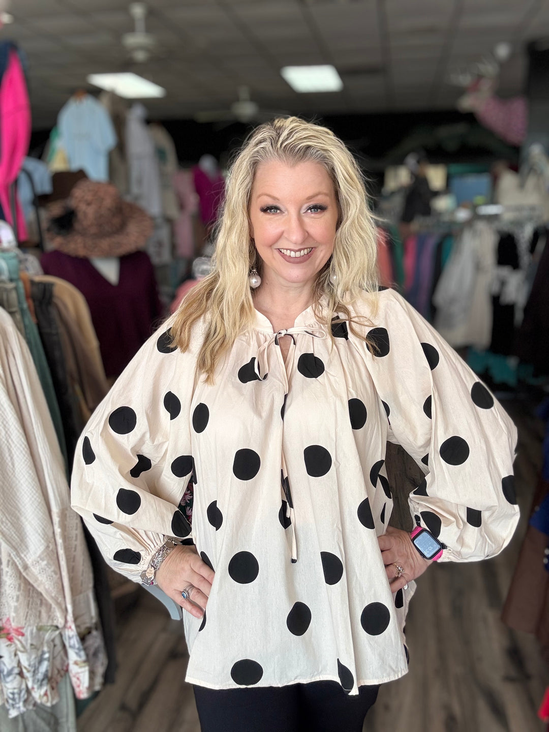 Bibi Black & cream polkadot oversize long sleeve blouse