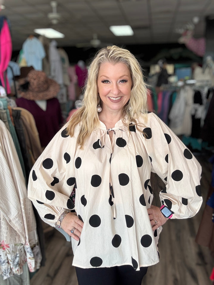 Bibi Black & cream polkadot oversize long sleeve blouse