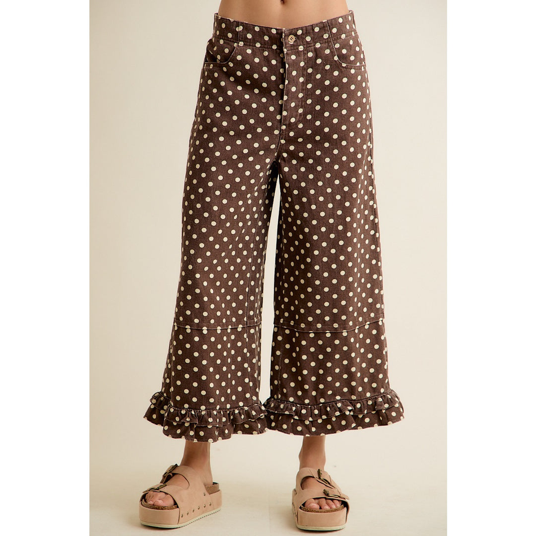 Polka Dot Mid-Rise Wide Leg Jeans with Ruffle Hem