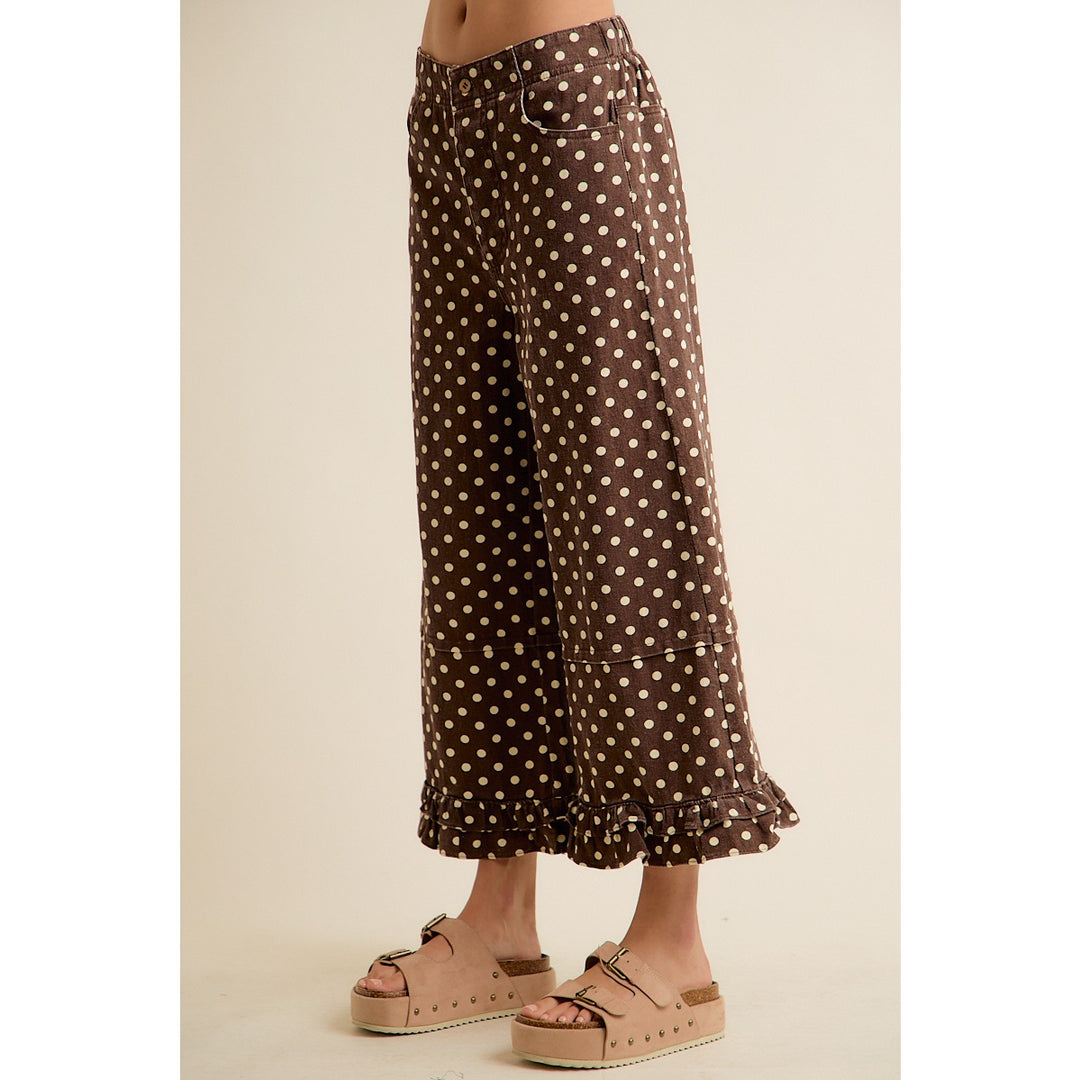 Polka Dot Mid-Rise Wide Leg Jeans with Ruffle Hem