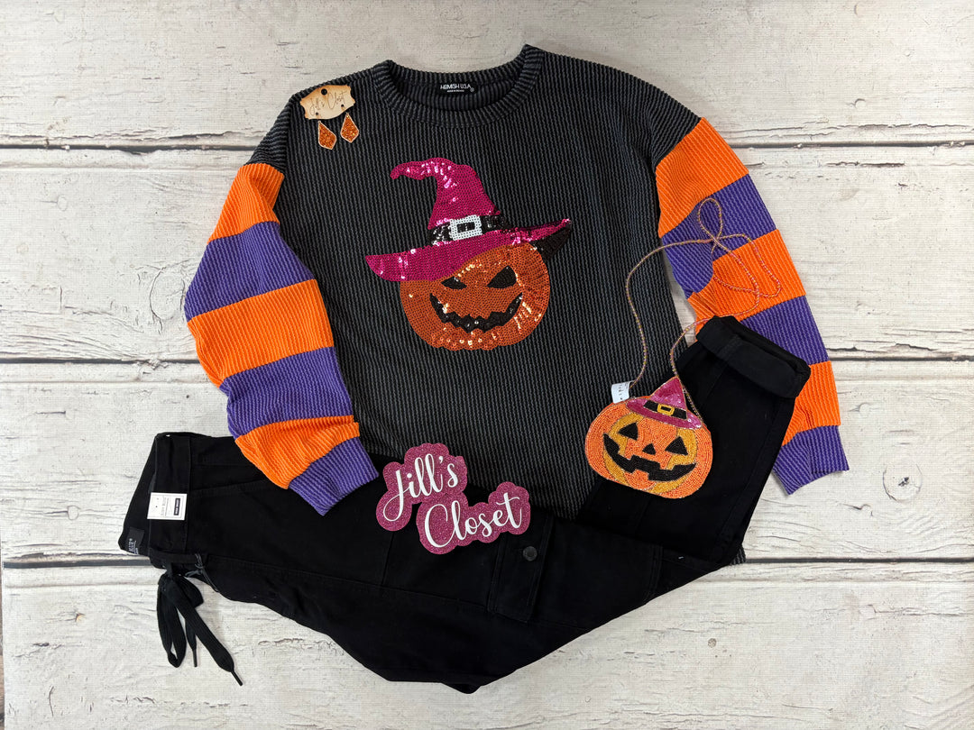 halloween corded crew top with sequin jack-o-lantern