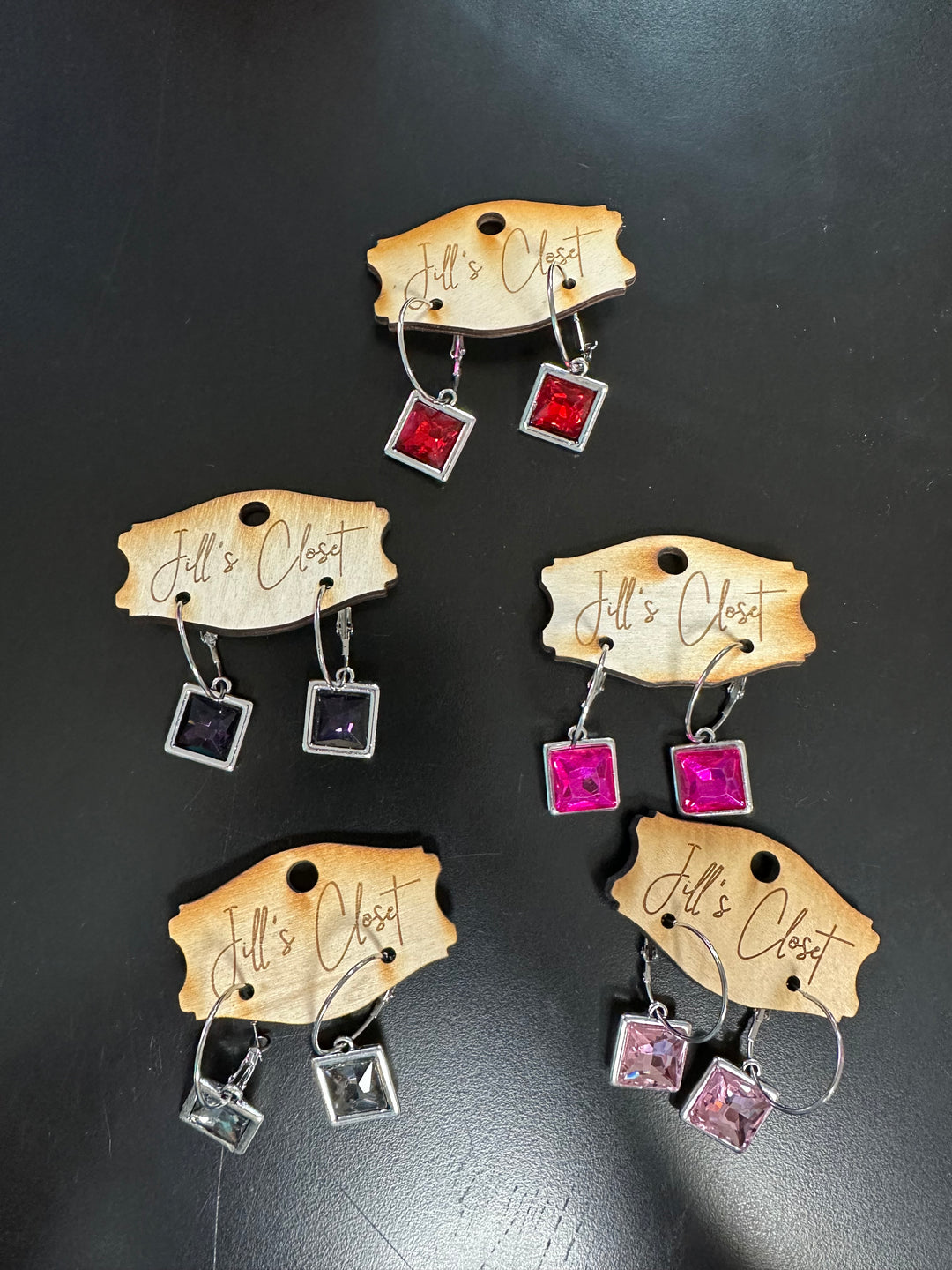 red, pink, hot pink, purple, gray, crystal square bling earrings on a silver hoop