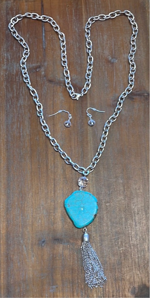 Silver Link & Turquoise Slab Necklace + Earrings