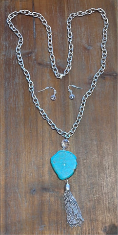 Silver Link & Turquoise Slab Necklace + Earrings