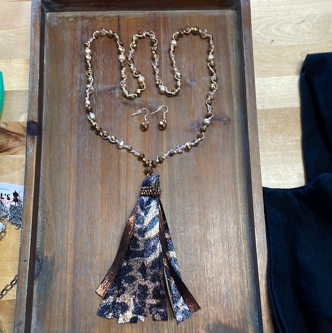 Crystal Beaded Tassel Necklace Leopard & Copper