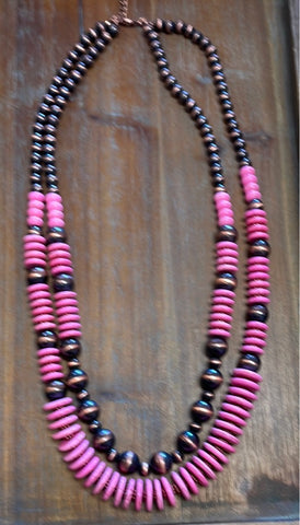 Double Strand Pink & Copper Necklace