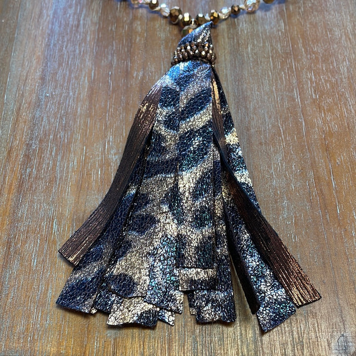 Crystal Beaded Tassel Necklace Leopard & Copper